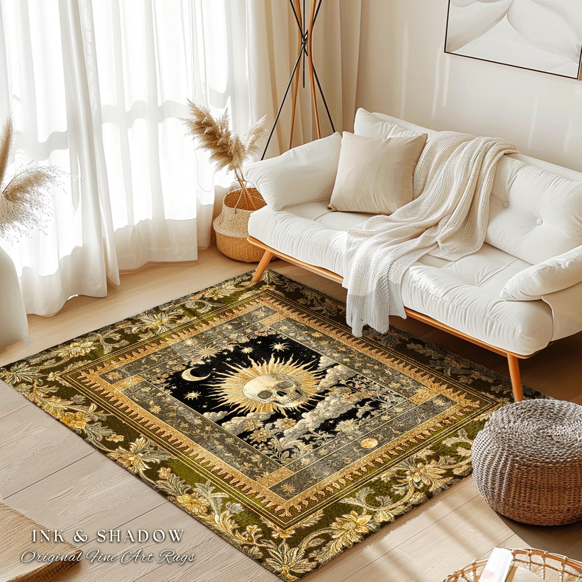 Astrology Aesthetic Skull Accent Rug | Lovers Card Bedroom Macabre Golden Light Whimsigoth Skeleton Decor Vintage Spooky Gothic Maximalist |