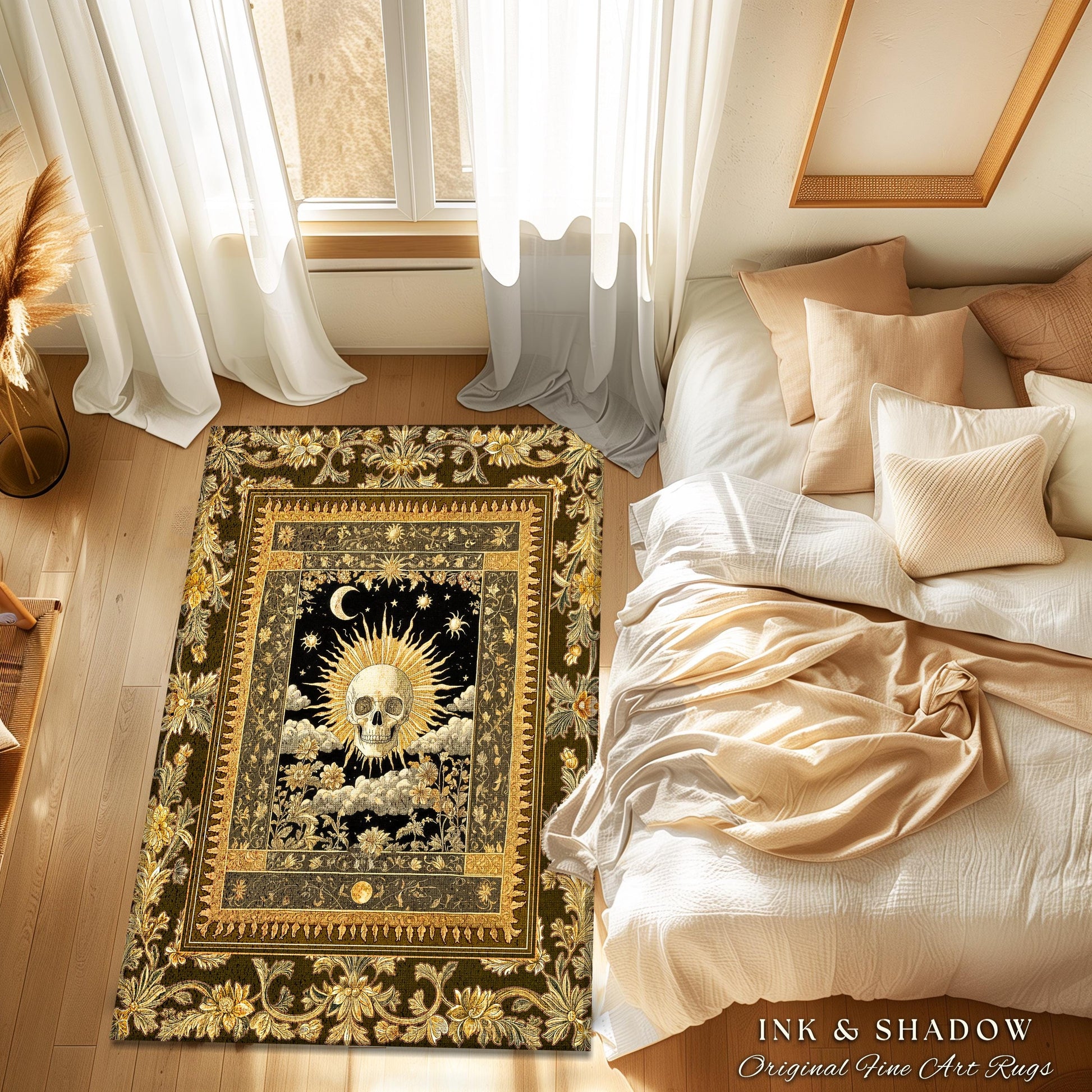 Astrology Aesthetic Skull Accent Rug | Lovers Card Bedroom Macabre Golden Light Whimsigoth Skeleton Decor Vintage Spooky Gothic Maximalist |