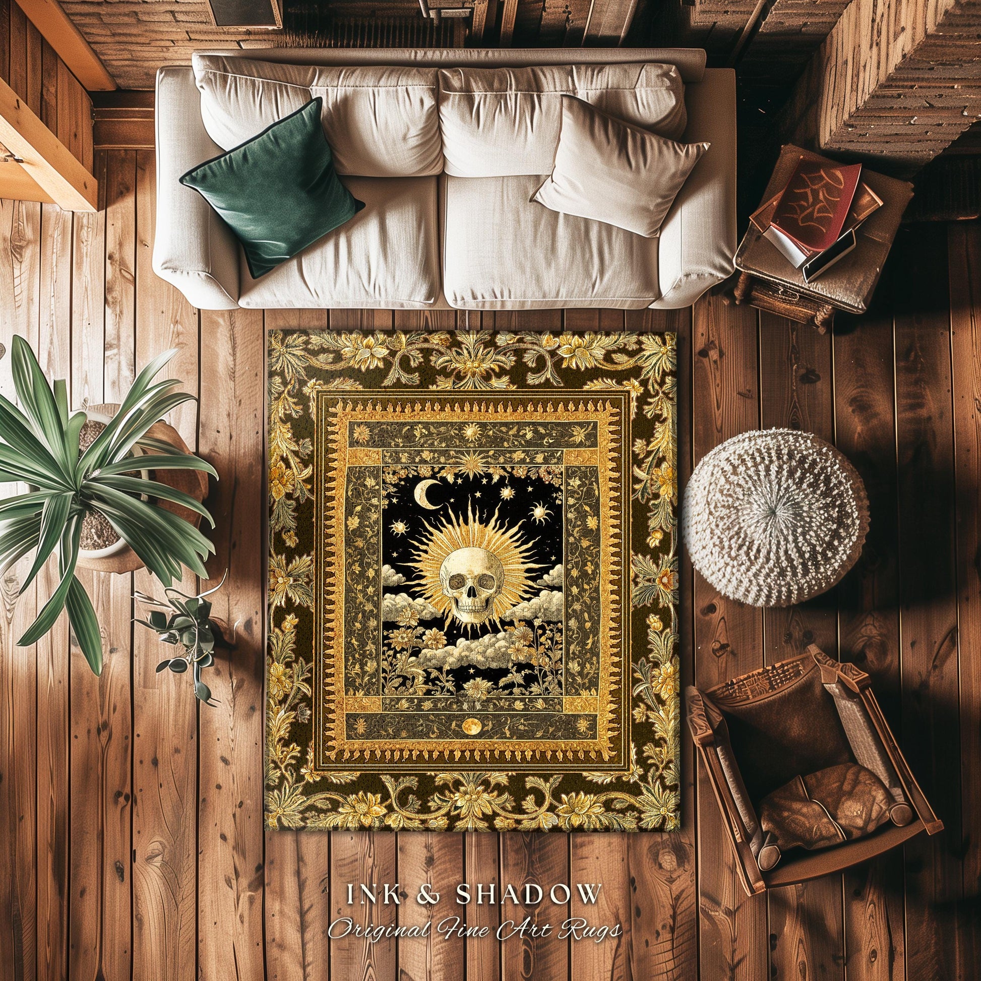 Astrology Aesthetic Skull Accent Rug | Lovers Card Bedroom Macabre Golden Light Whimsigoth Skeleton Decor Vintage Spooky Gothic Maximalist |