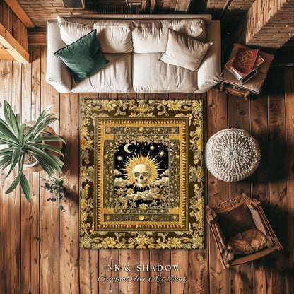 Astrology Aesthetic Skull Accent Rug | Lovers Card Bedroom Macabre Golden Light Whimsigoth Skeleton Decor Vintage Spooky Gothic Maximalist |