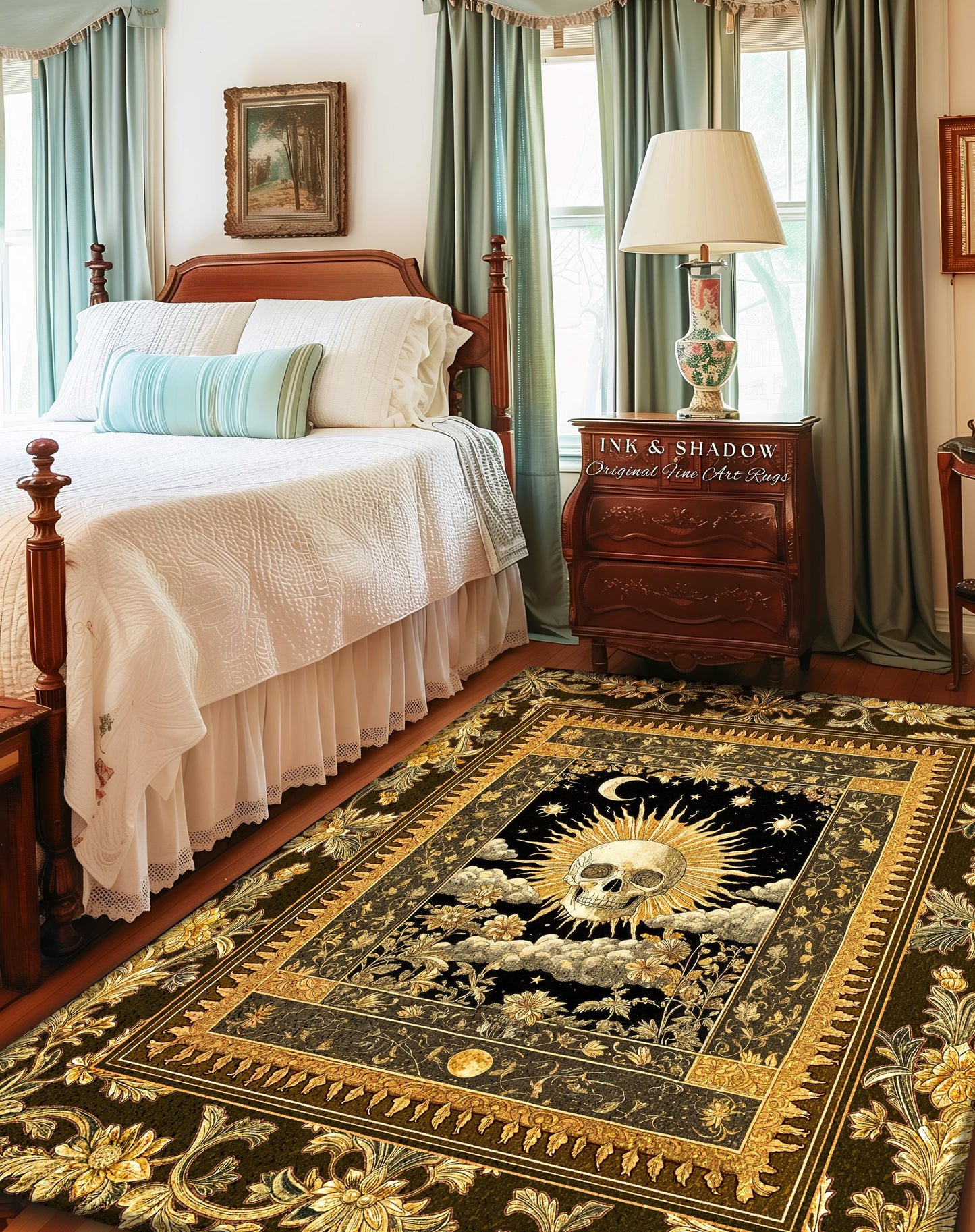 Astrology Aesthetic Skull Accent Rug | Lovers Card Bedroom Macabre Golden Light Whimsigoth Skeleton Decor Vintage Spooky Gothic Maximalist |