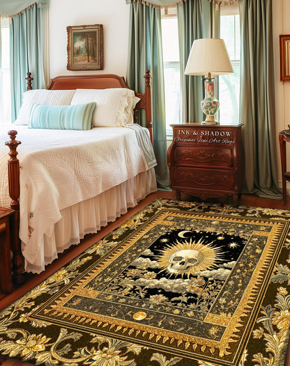 Astrology Aesthetic Skull Accent Rug | Lovers Card Bedroom Macabre Golden Light Whimsigoth Skeleton Decor Vintage Spooky Gothic Maximalist |