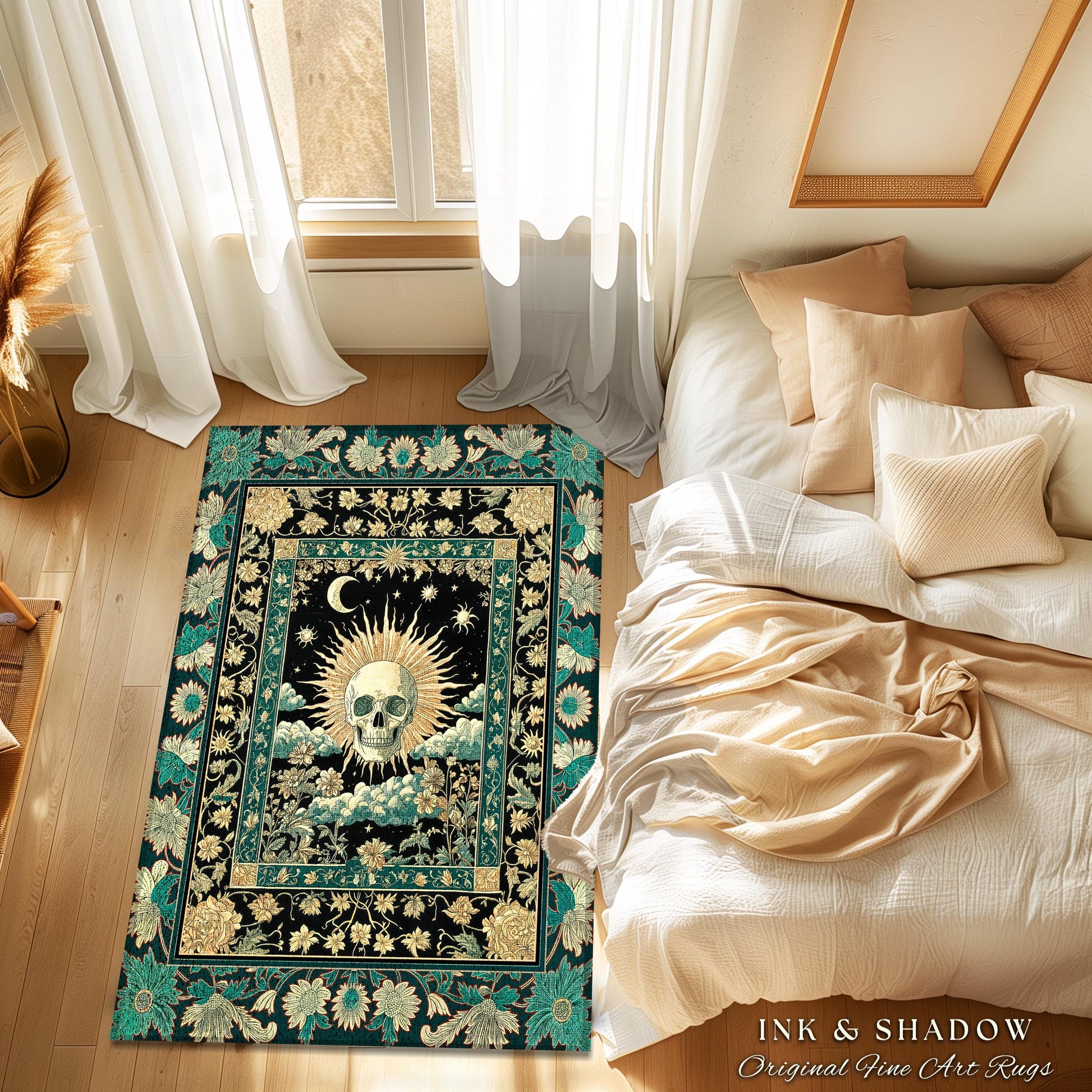 Moody Mystic Skull Boho Area Rug | Macabre Gothic Vintage Fall Bedroom Rug Dark Academia Style Spooky Skeleton Whimsigoth Witchy Aesthetic