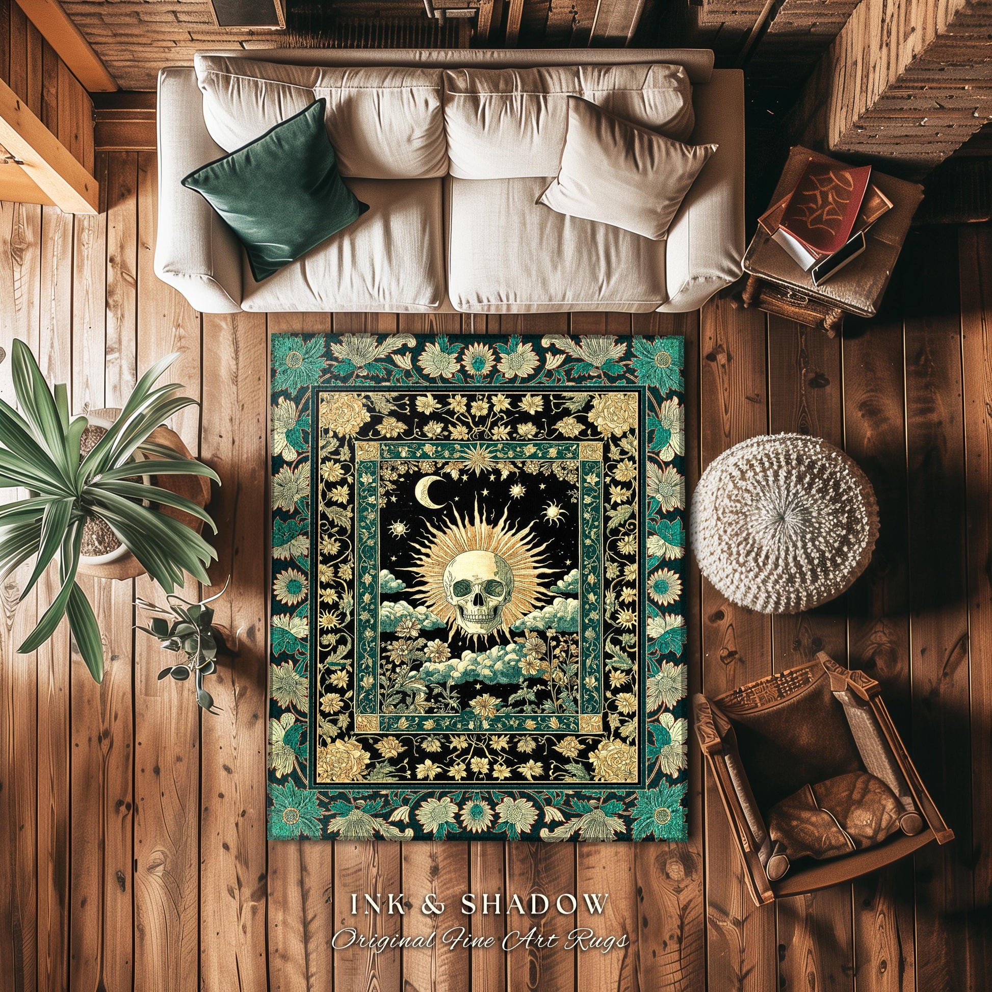 Moody Mystic Skull Boho Area Rug | Macabre Gothic Vintage Fall Bedroom Rug Dark Academia Style Spooky Skeleton Whimsigoth Witchy Aesthetic