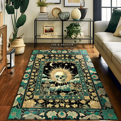 Moody Mystic Skull Boho Area Rug | Macabre Gothic Vintage Fall Bedroom Rug Dark Academia Style Spooky Skeleton Whimsigoth Witchy Aesthetic