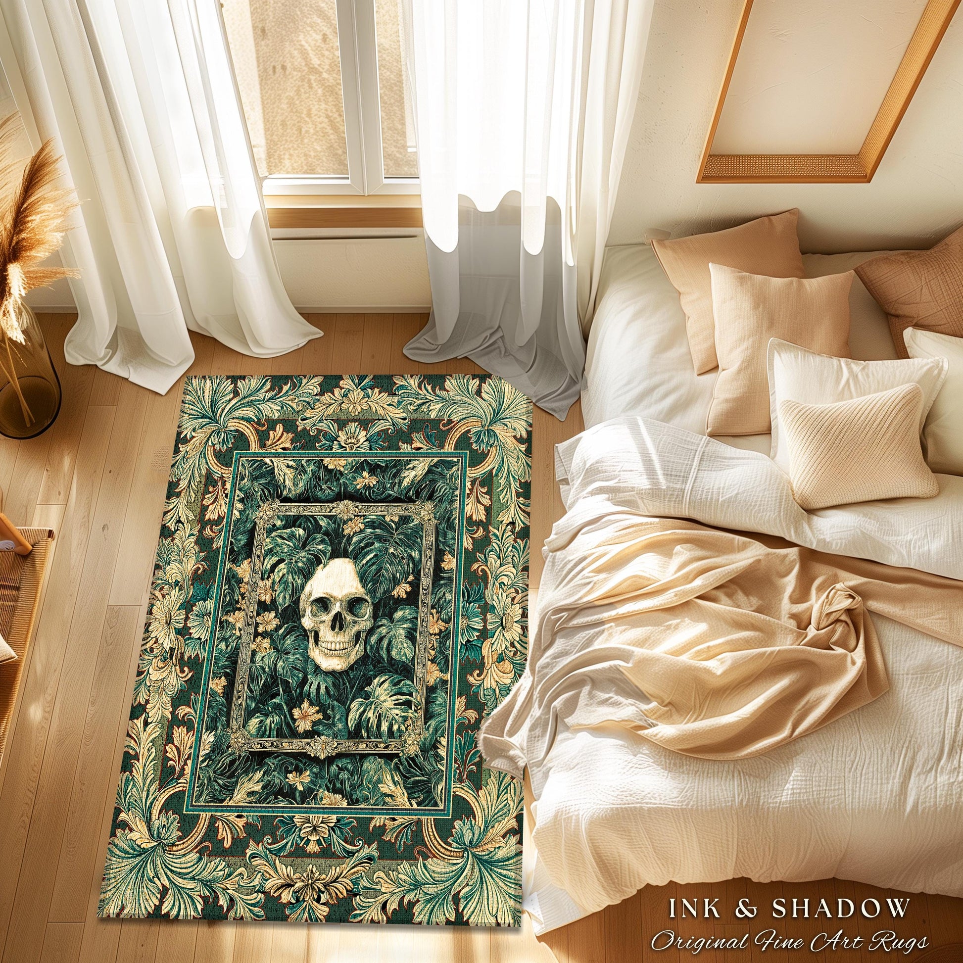 Ornate Baroque Halloween Skull Accent | Goth Aesthetic Fall Decor Spooky Skeleton Area Rug Macabre Retro Witchy Style Bedroom Decor Greenery