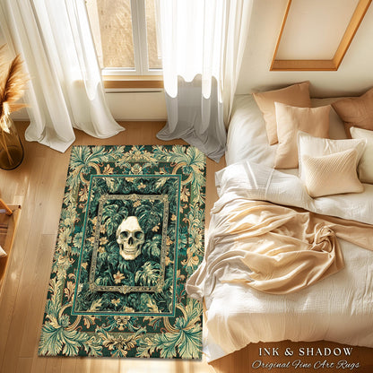 Ornate Baroque Halloween Skull Accent | Goth Aesthetic Fall Decor Spooky Skeleton Area Rug Macabre Retro Witchy Style Bedroom Decor Greenery