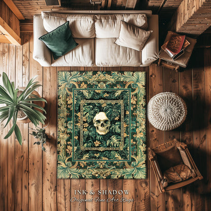 Ornate Baroque Halloween Skull Accent | Goth Aesthetic Fall Decor Spooky Skeleton Area Rug Macabre Retro Witchy Style Bedroom Decor Greenery