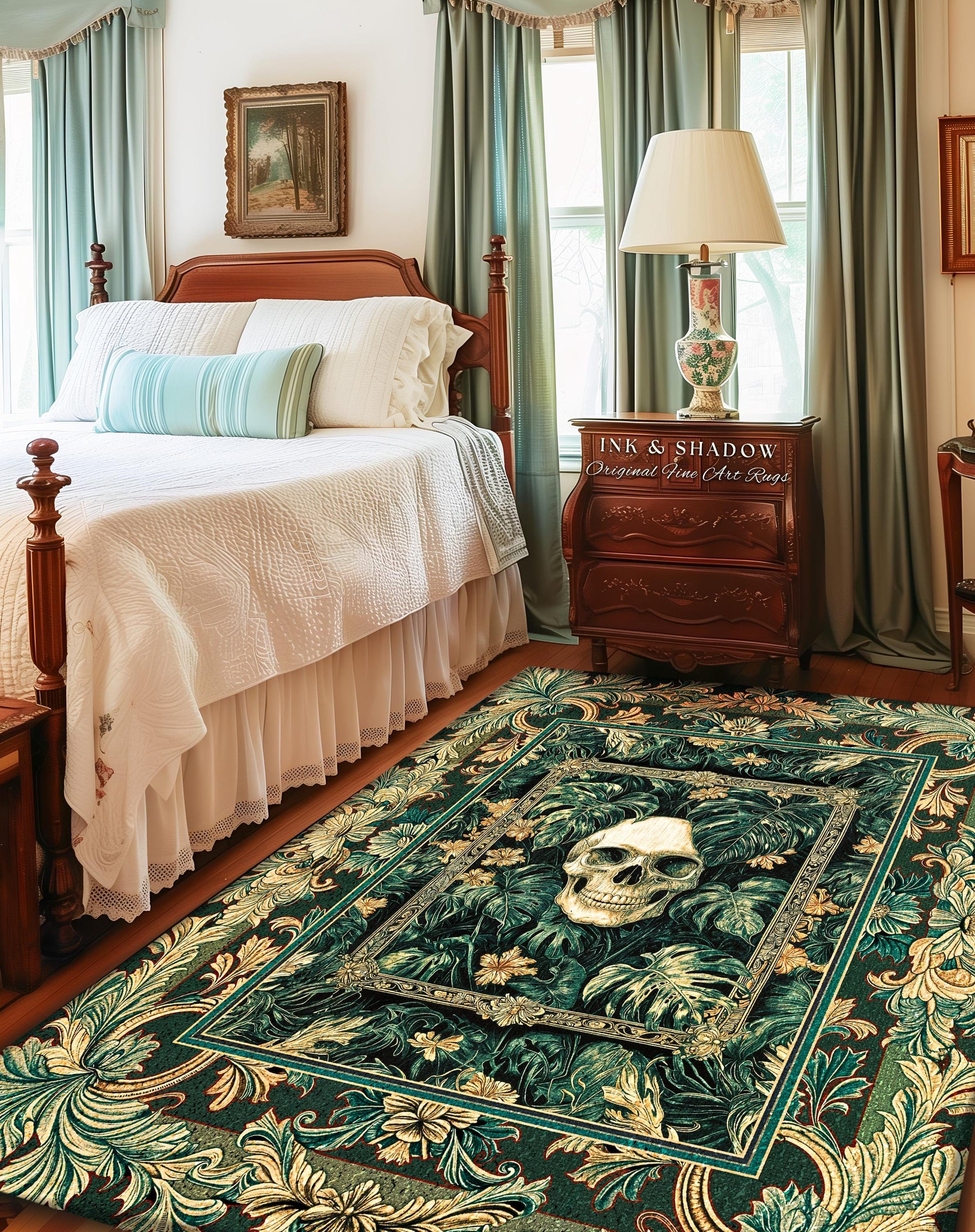 Ornate Baroque Halloween Skull Accent | Goth Aesthetic Fall Decor Spooky Skeleton Area Rug Macabre Retro Witchy Style Bedroom Decor Greenery