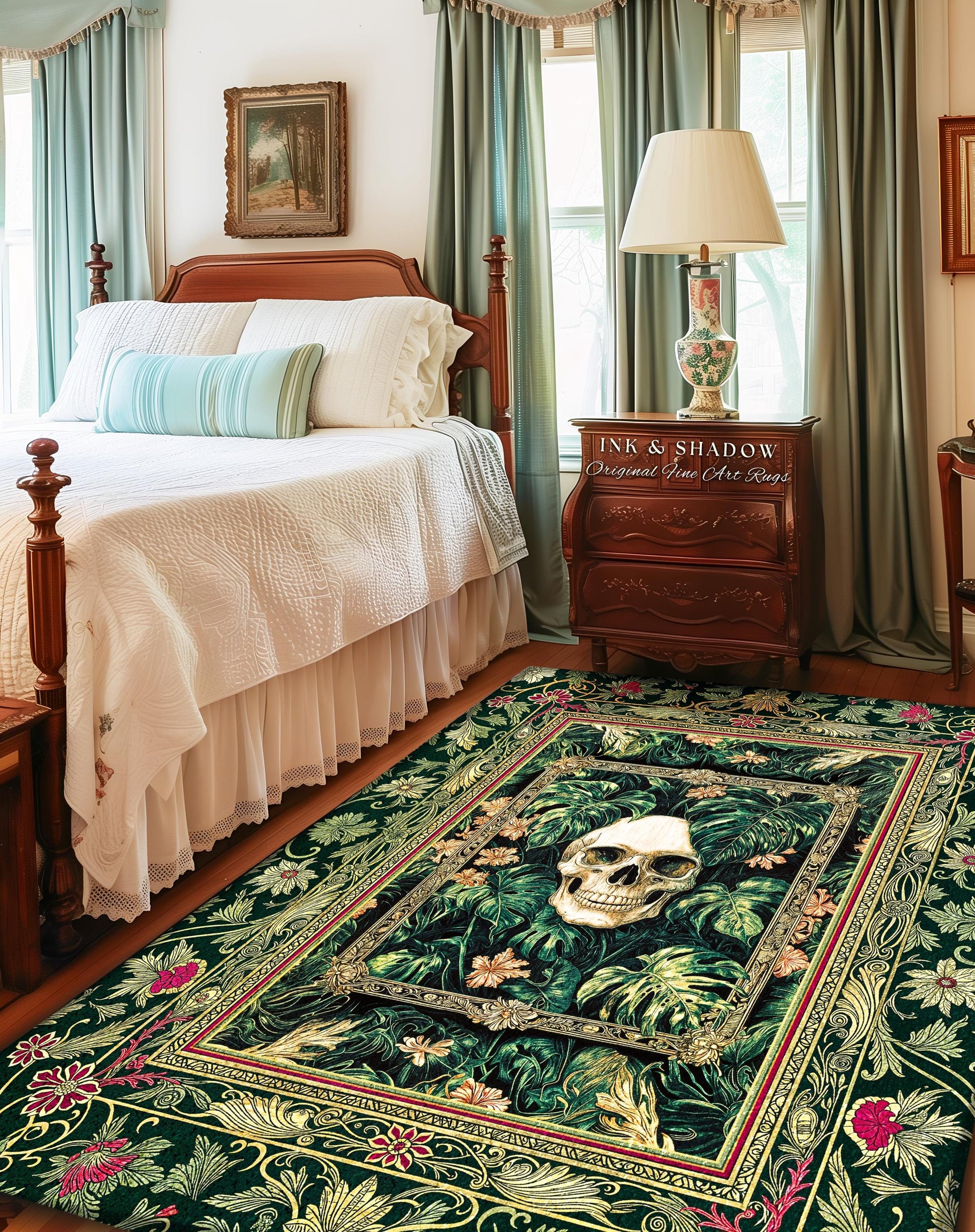 Botanical Gothic Macabre Skull Rug | Baroque Goth Decor Spooky Fall Aesthetic Dark Academia Bedroom Accent Rug Skeleton Halloween Witchy Art