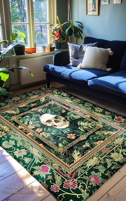 Botanical Gothic Macabre Skull Rug | Baroque Goth Decor Spooky Fall Aesthetic Dark Academia Bedroom Accent Rug Skeleton Halloween Witchy Art