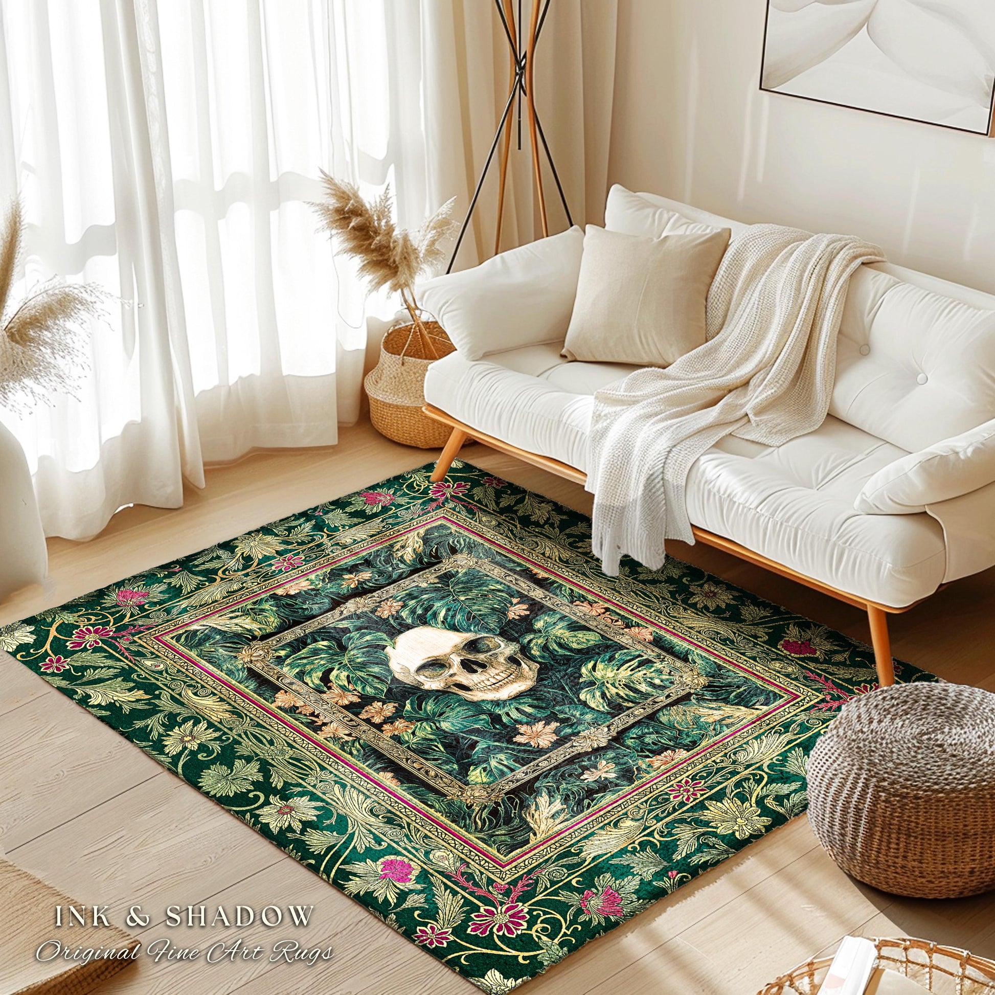 Botanical Gothic Macabre Skull Rug | Baroque Goth Decor Spooky Fall Aesthetic Dark Academia Bedroom Accent Rug Skeleton Halloween Witchy Art