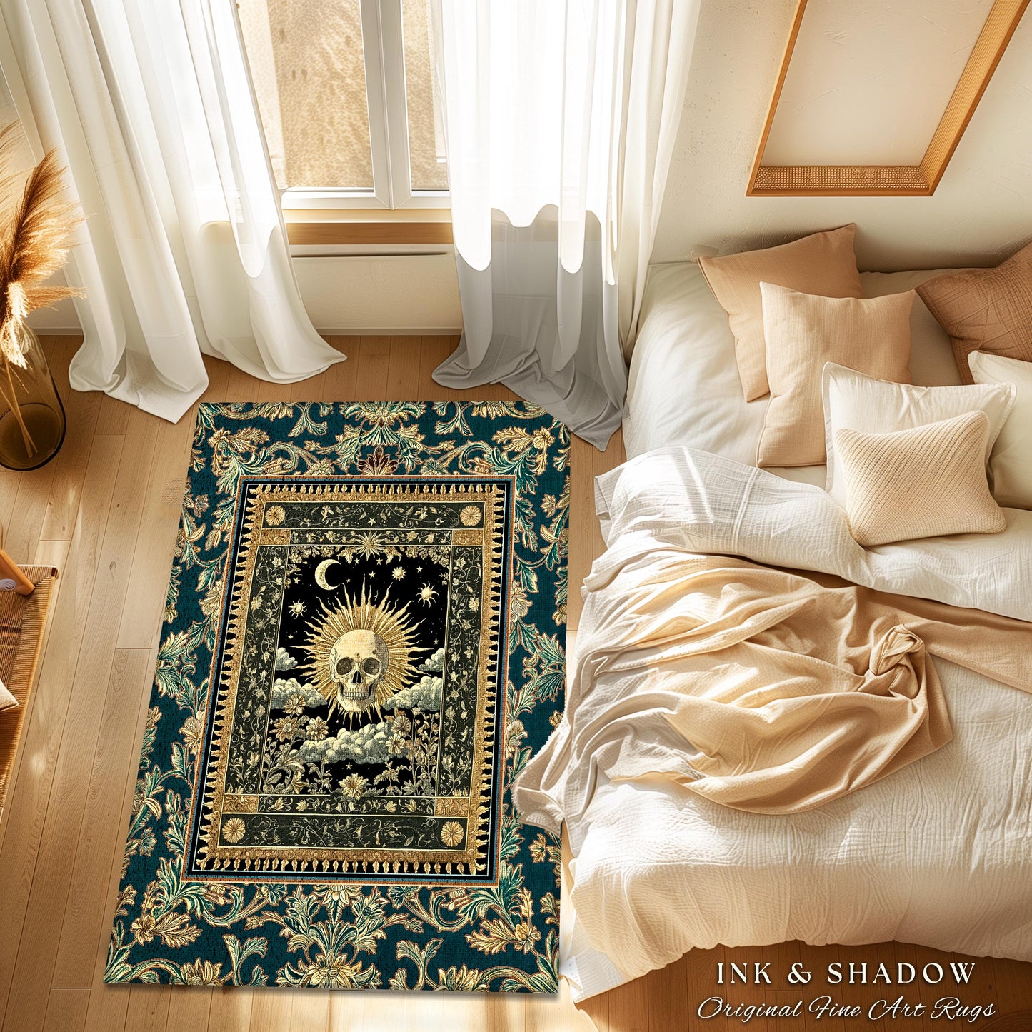 Bewitched Skeleton Witchy Area Rug | Retro Skull Bedroom Accent Macabre Decor Fall Witch Vibe Book Nook Whimsigoth Baroque Spooky Style |