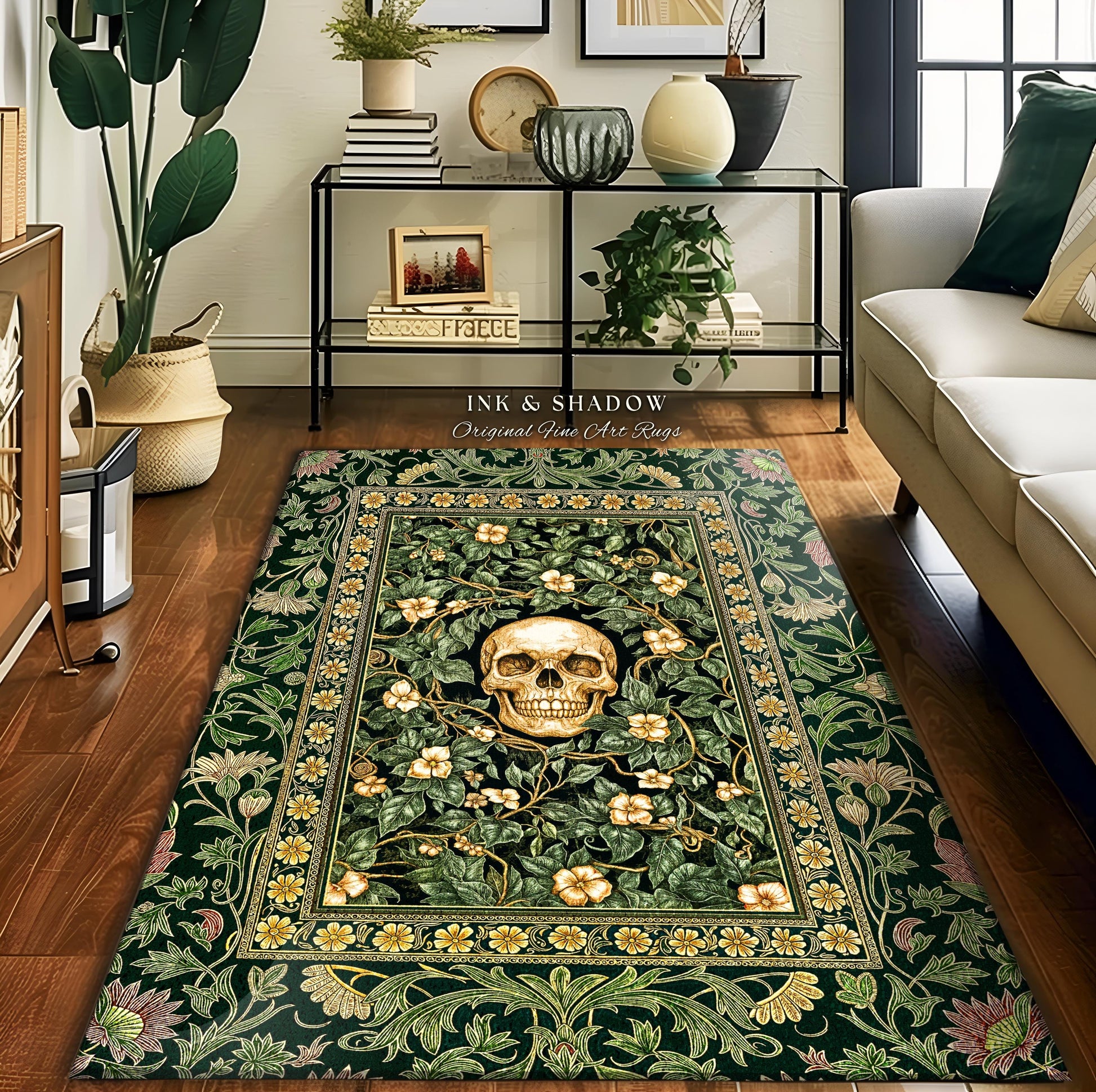 Macabre Garden Skull Area Rug | Botanical Gothic Aesthetic Skeleton Bedroom Floor Accent Spooky Season Decor Witchy Vibes Dark Academia Goth