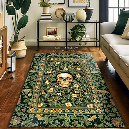 Macabre Garden Skull Area Rug | Botanical Gothic Aesthetic Skeleton Bedroom Floor Accent Spooky Season Decor Witchy Vibes Dark Academia Goth