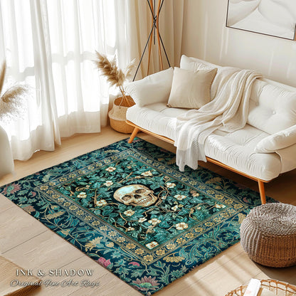 Wildflower Wilds Skull Area Rug | Botanical Macabre Home Accent Gothic Aesthetic Wiccan Bedrooom Rug Witchy Tarot Skeleton Whimsigoth Decor