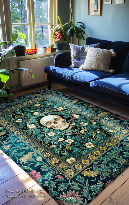Wildflower Wilds Skull Area Rug | Botanical Macabre Home Accent Gothic Aesthetic Wiccan Bedrooom Rug Witchy Tarot Skeleton Whimsigoth Decor