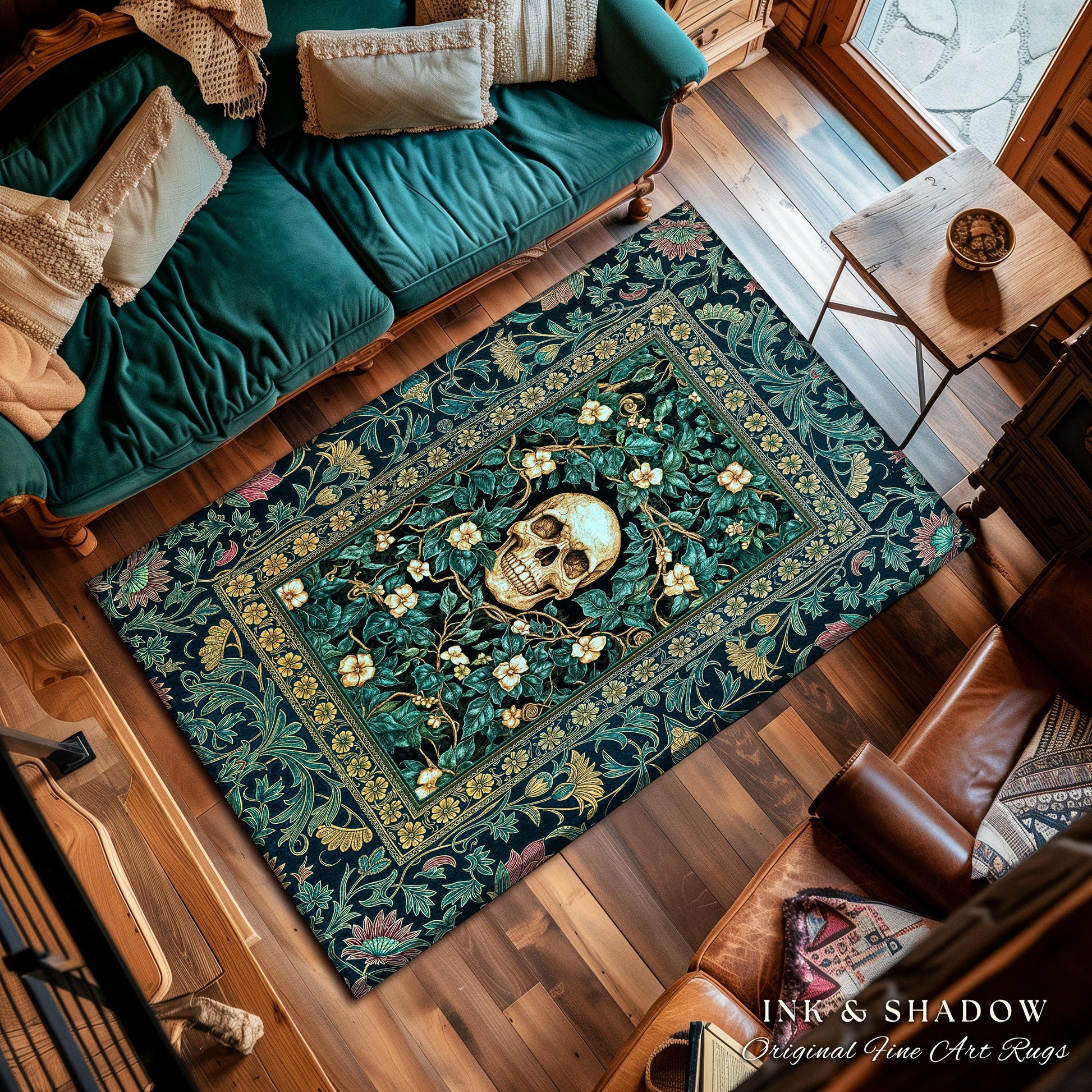 Wildflower Wilds Skull Area Rug | Botanical Macabre Home Accent Gothic Aesthetic Wiccan Bedrooom Rug Witchy Tarot Skeleton Whimsigoth Decor