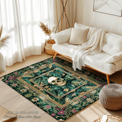 Witchy Forestcore Skull Accent Rug | Whimsigothic Forest Green Bedroom Floor Decor Ethereal Baroque Style Dark Academia Aesthetic Emerald |