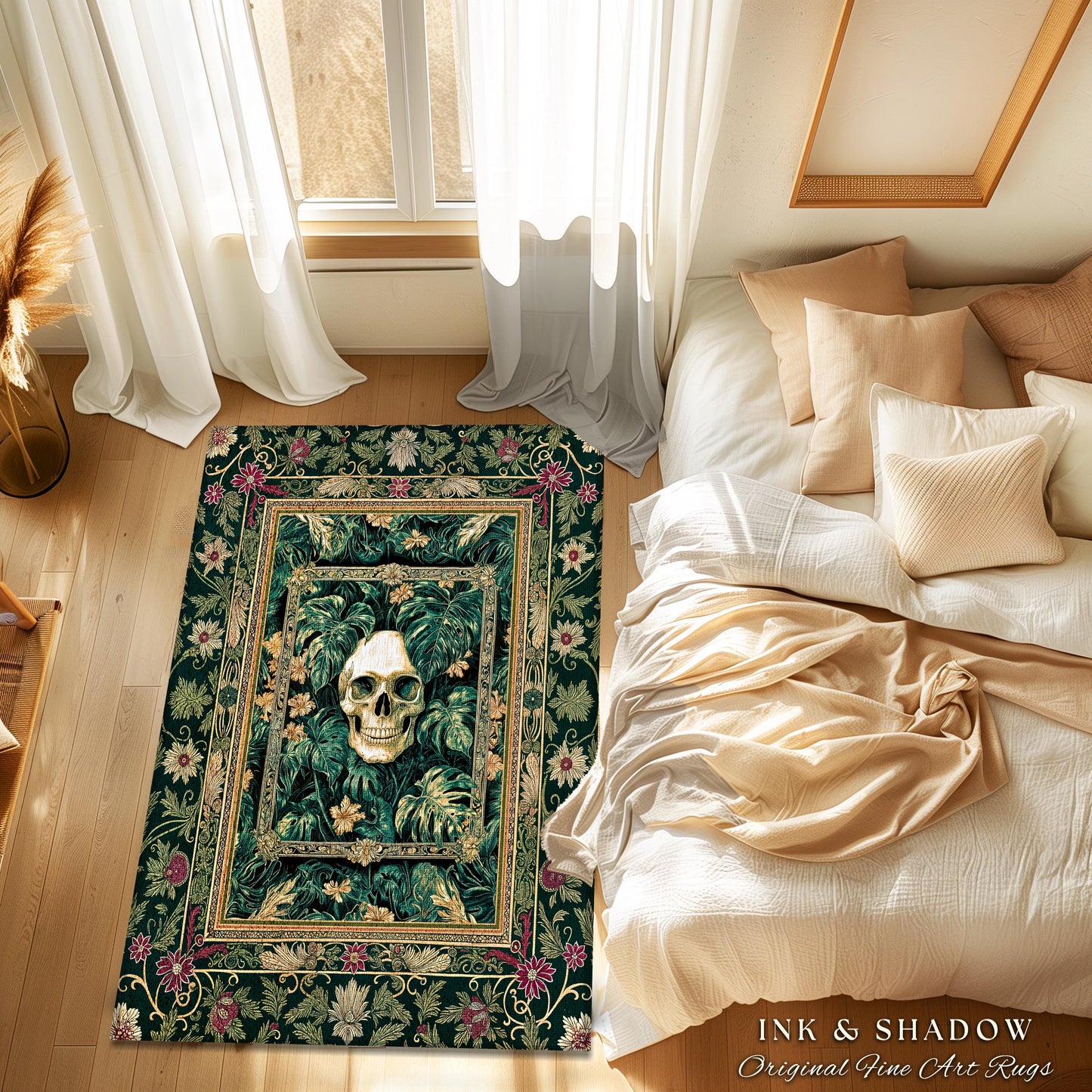 Witchy Forestcore Skull Accent Rug | Whimsigothic Forest Green Bedroom Floor Decor Ethereal Baroque Style Dark Academia Aesthetic Emerald |