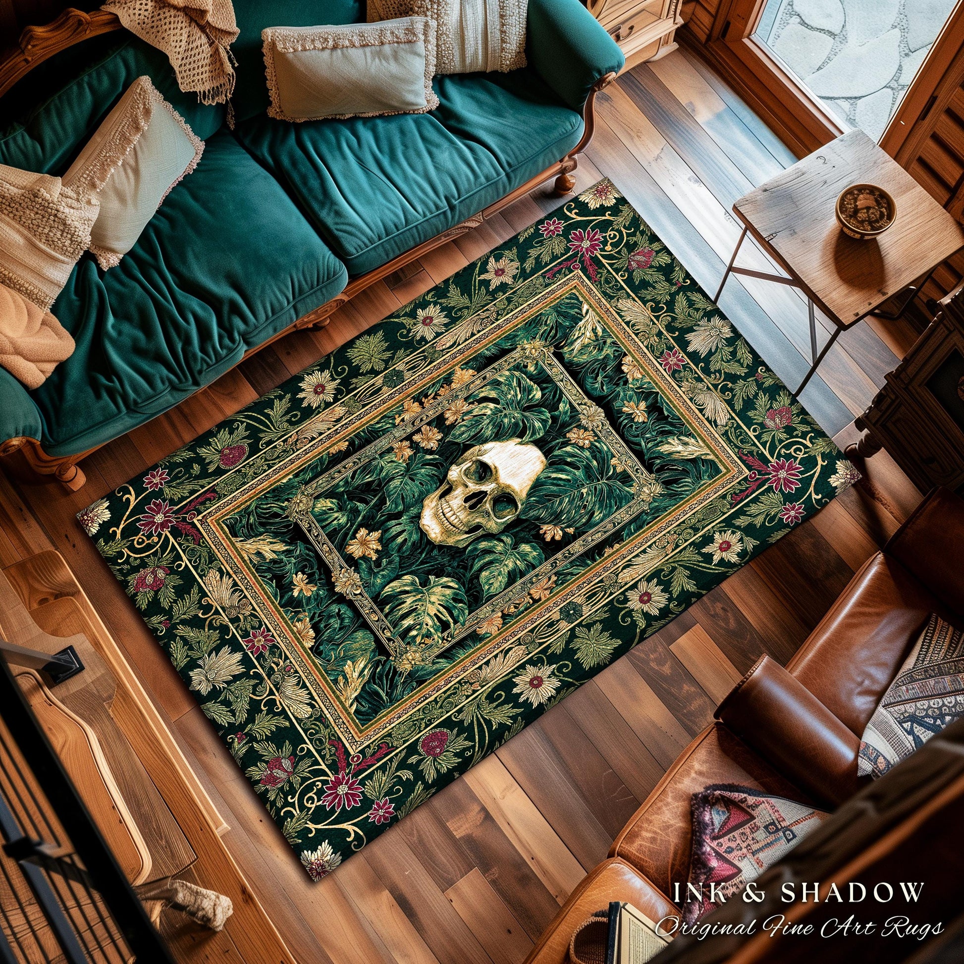 Witchy Forestcore Skull Accent Rug | Whimsigothic Forest Green Bedroom Floor Decor Ethereal Baroque Style Dark Academia Aesthetic Emerald |