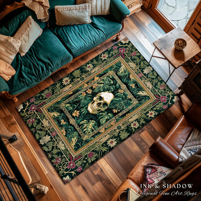 Witchy Forestcore Skull Accent Rug | Whimsigothic Forest Green Bedroom Floor Decor Ethereal Baroque Style Dark Academia Aesthetic Emerald |