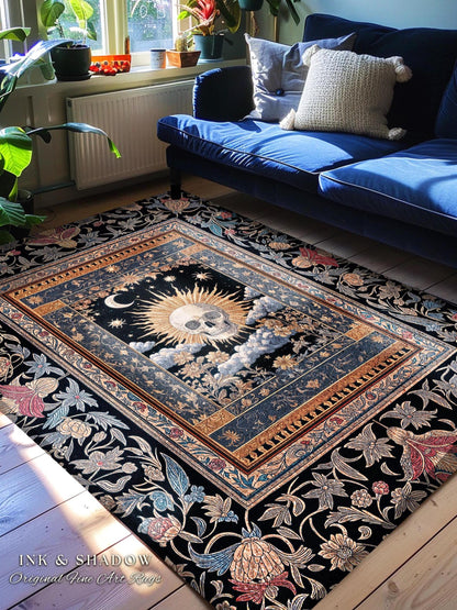Dark Academia Celestial Skull Area Rug | Skull Witchy Baroque Tarot Aesthetic Gothic Decor Spooky Macabre Halloween Vibes Moon and Stars |