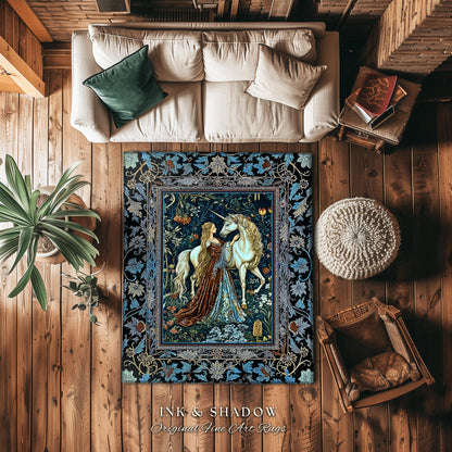 Moody Medieval Rococo Area Rug | Vintage Fantasy Bedroom Home Decor Accent Baroque Royalcore Cottagecore Romantic Decor Cool Hues Bohemian |