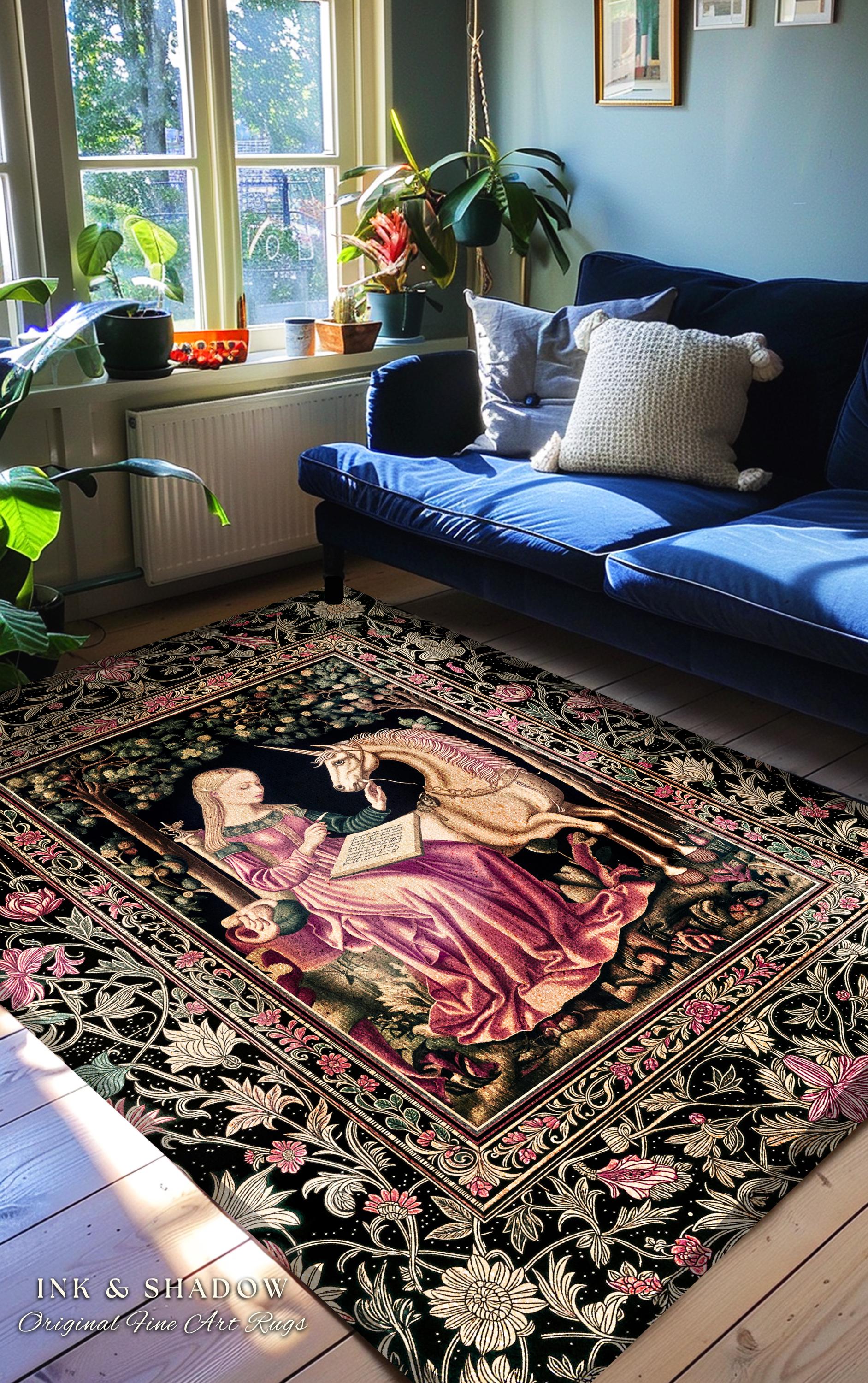 Cozy Storybook Reading Room Rug | Medieval Bedroom Unicorn Cottagecore Dark Academia Decor Fairytale Princess Rococo Area Rug Home Accent |