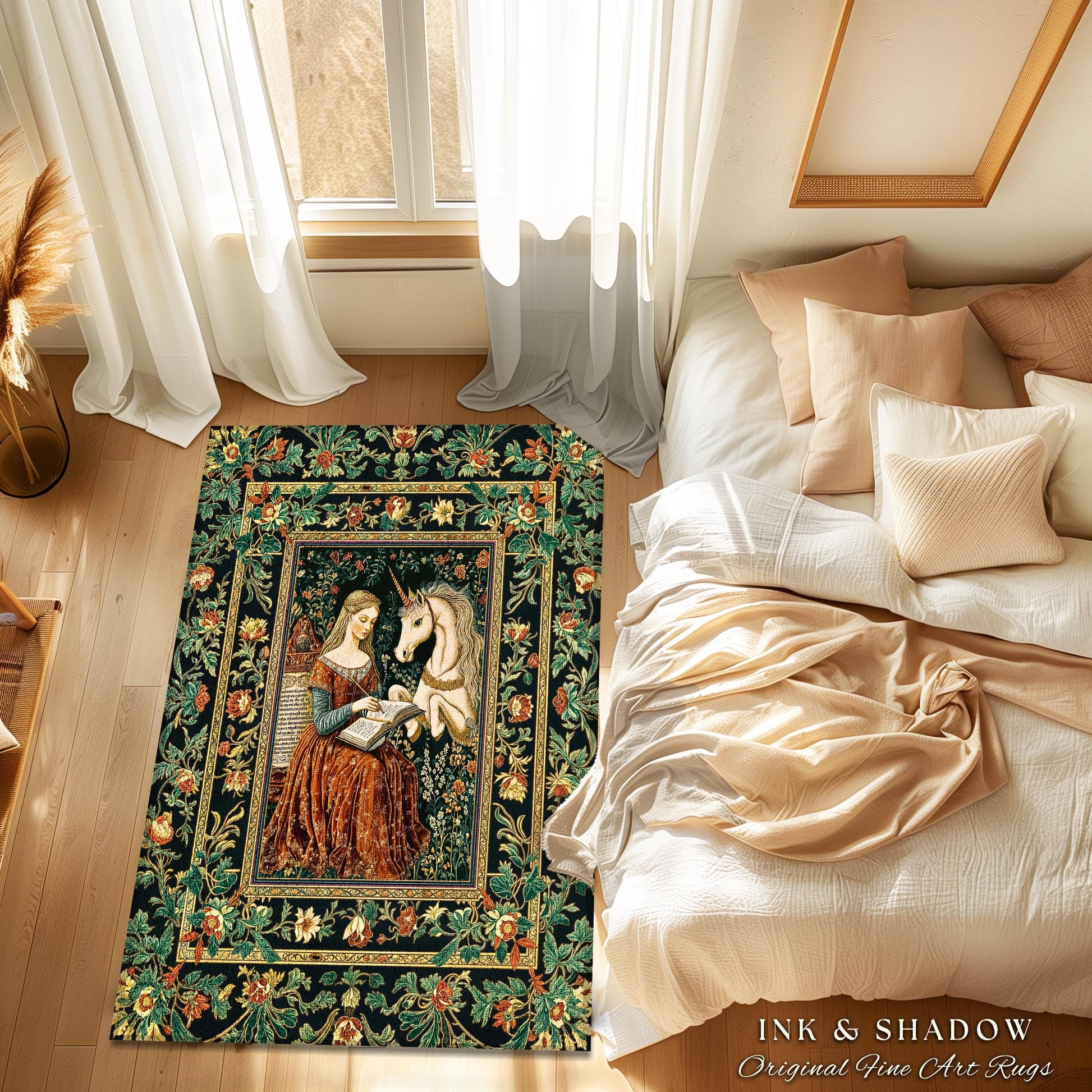 Romantic Cottagecore Maximalist Area Rug | Fairytale Home Accent Gothic Princesscore Bedroom Decor Ethereal Medieval Fantasy Theme Unicorn |