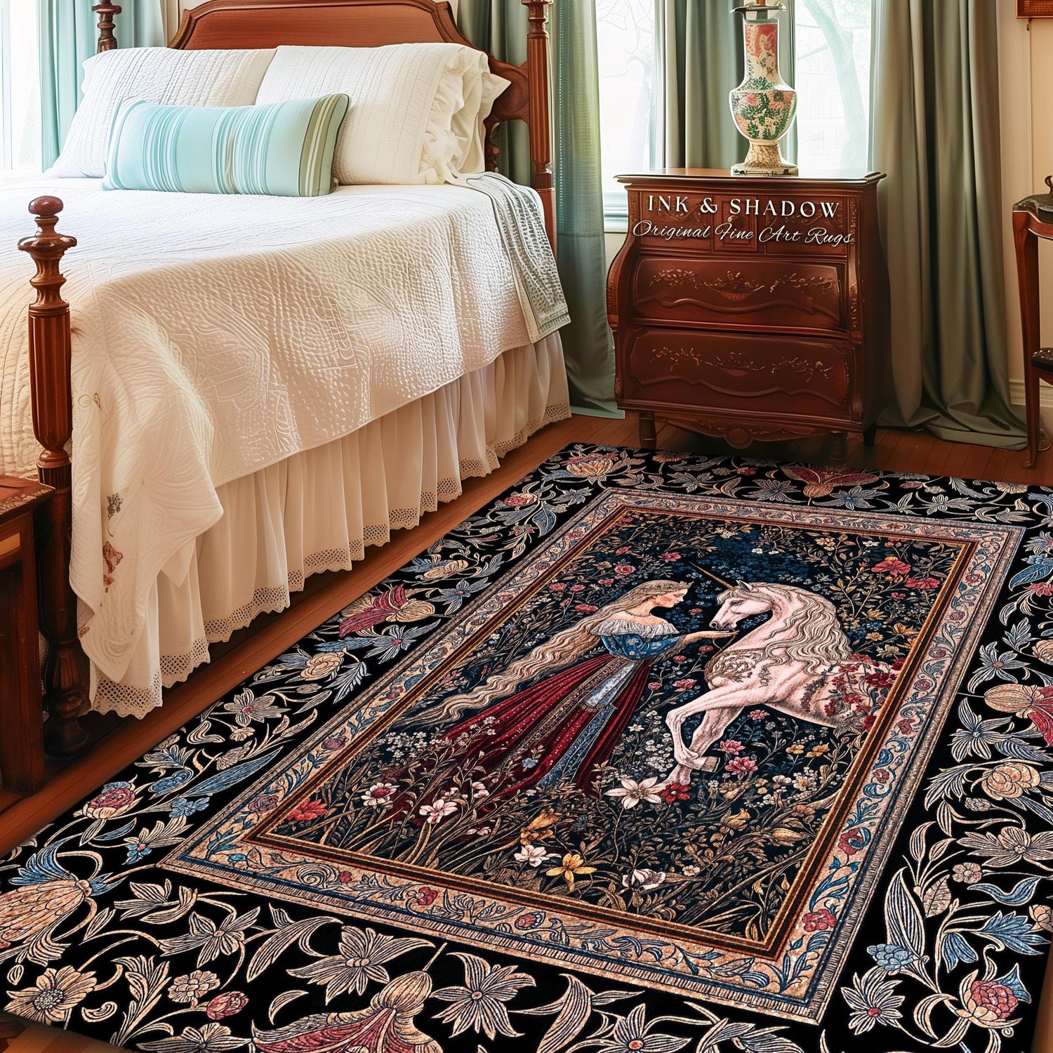 Mystic Fairytale Unicorn Area Rug | Renaissance Aesthetic Gloomy Coquette Home Decor Accent Dark Cottagecore Storybook Gothic Theme Bedroom