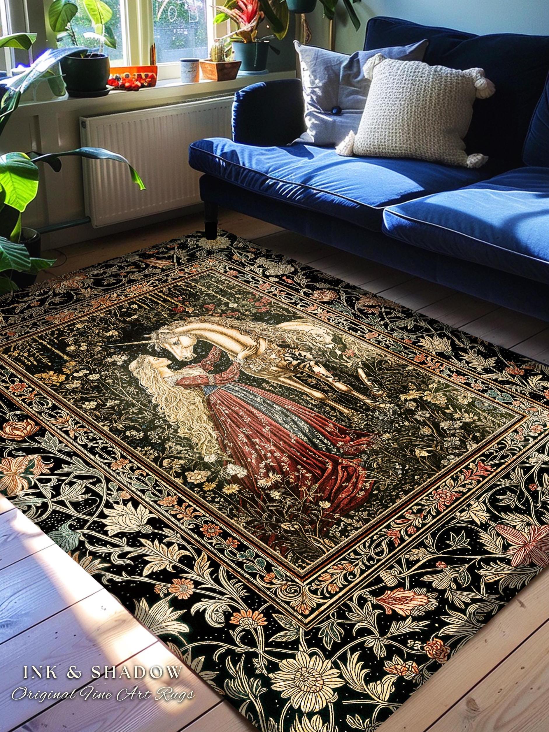 Romantic Fairytale Unicorn Area Rug | Regency Dark Cottagecore Coquette Home Decor Accent Dreamy Rococo Bedroom Storybook Gothic Style Decor