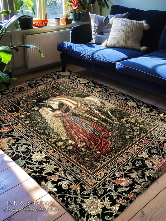 Romantic Fairytale Unicorn Area Rug | Regency Dark Cottagecore Coquette Home Decor Accent Dreamy Rococo Bedroom Storybook Gothic Style Decor