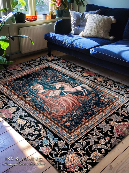 Fairytale Unicorn Victorian Accent Rug | Storybook Dark Academia Decor Fairytale Princess Rococo Area Rug Romantic Cottage Aesthetic Decor