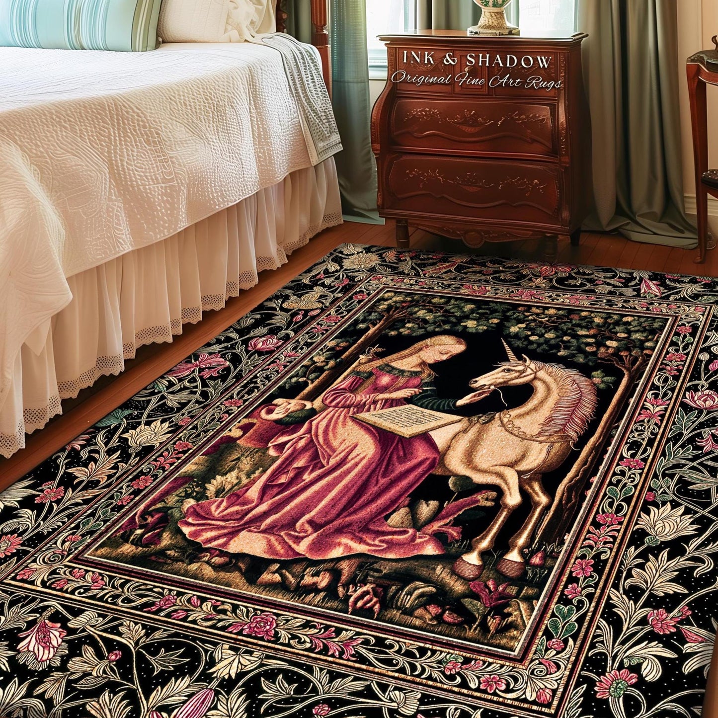 Cozy Storybook Reading Room Rug | Medieval Bedroom Unicorn Cottagecore Dark Academia Decor Fairytale Princess Rococo Area Rug Home Accent |