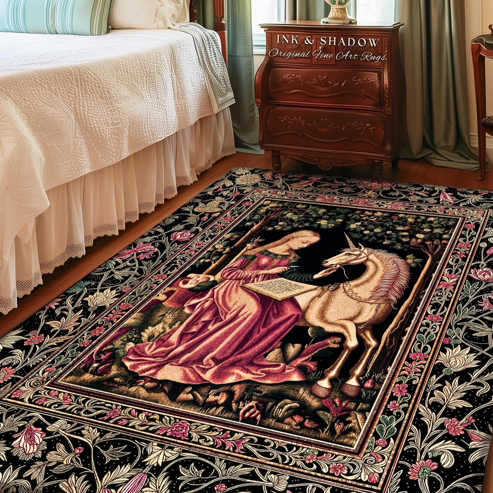 Cozy Storybook Reading Room Rug | Medieval Bedroom Unicorn Cottagecore Dark Academia Decor Fairytale Princess Rococo Area Rug Home Accent |