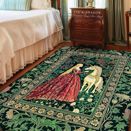 Emerald Magic Ethereal Cottagecore Accent Rug | Romantic Fairytale Home Decor Dark Rococo Princess Bedroom Gothic Storybook Rug Wildflowers