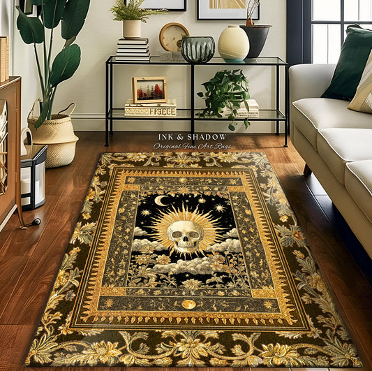 Astrology Aesthetic Skull Accent Rug | Lovers Card Bedroom Macabre Golden Light Whimsigoth Skeleton Decor Vintage Spooky Gothic Maximalist |