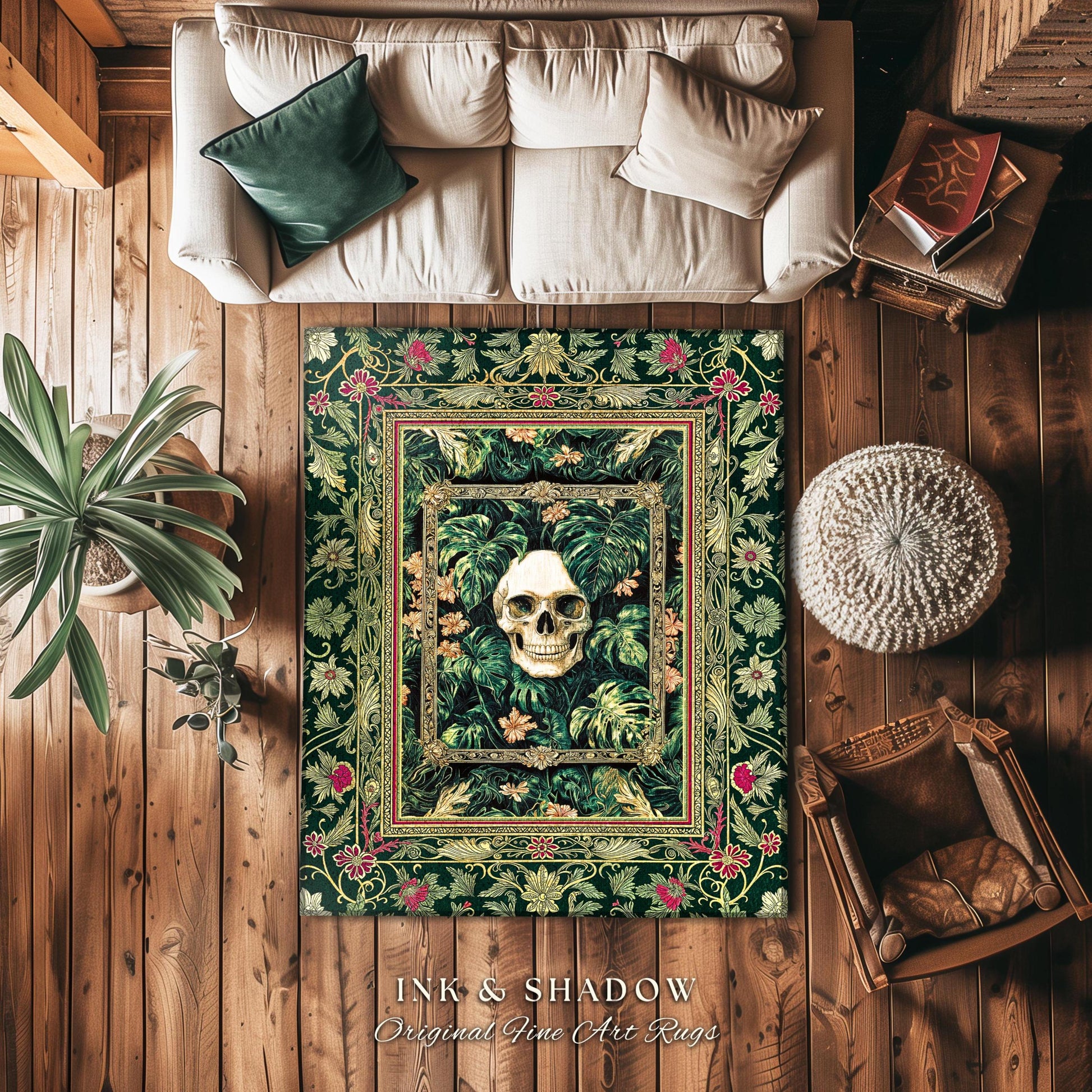 Botanical Gothic Macabre Skull Rug | Baroque Goth Decor Spooky Fall Aesthetic Dark Academia Bedroom Accent Rug Skeleton Halloween Witchy Art