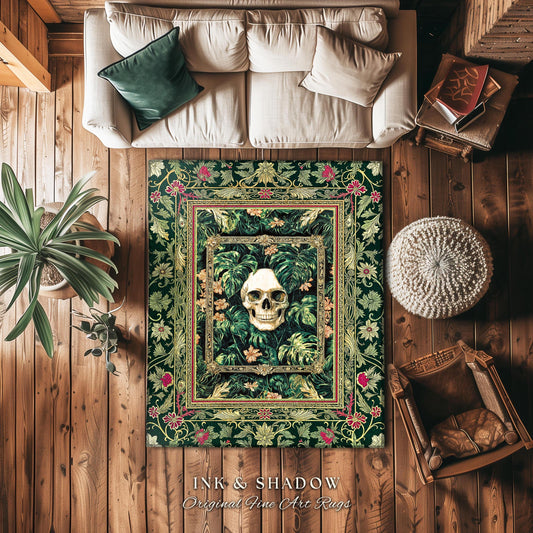 Botanical Gothic Macabre Skull Rug | Baroque Goth Decor Spooky Fall Aesthetic Dark Academia Bedroom Accent Rug Skeleton Halloween Witchy Art