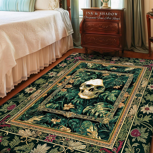 Witchy Forestcore Skull Accent Rug | Whimsigothic Forest Green Bedroom Floor Decor Ethereal Baroque Style Dark Academia Aesthetic Emerald |