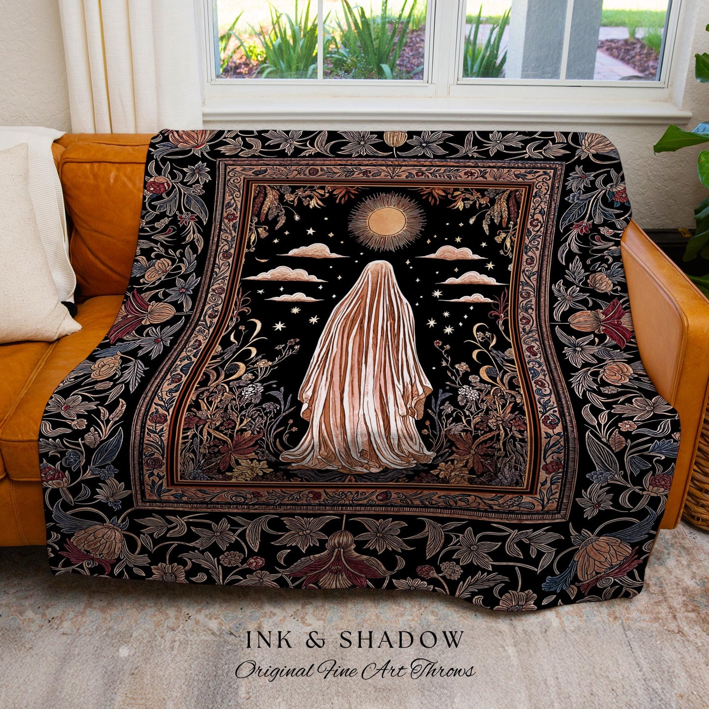 Celestial Garden Spirit Woven Throw | Bohemian Halloween Whimsigothic Wall Tapestry Ghost Blanket Ornate Gothic Rustic Halloween Home Decor