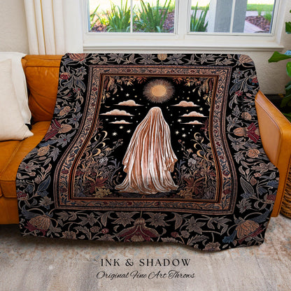 Celestial Garden Spirit Woven Throw | Bohemian Halloween Whimsigothic Wall Tapestry Ghost Blanket Ornate Gothic Rustic Halloween Home Decor