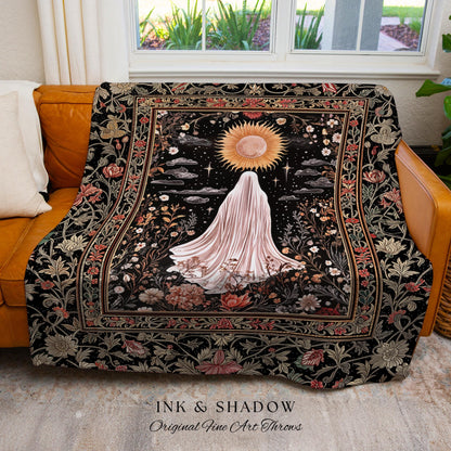 Ethereal Rose Garden Ghost Blanket | Pastel Floral Woven Tapestry Halloween Throw Cottagecore Whimsigoth Romantic Goth Decor Celestial Witch