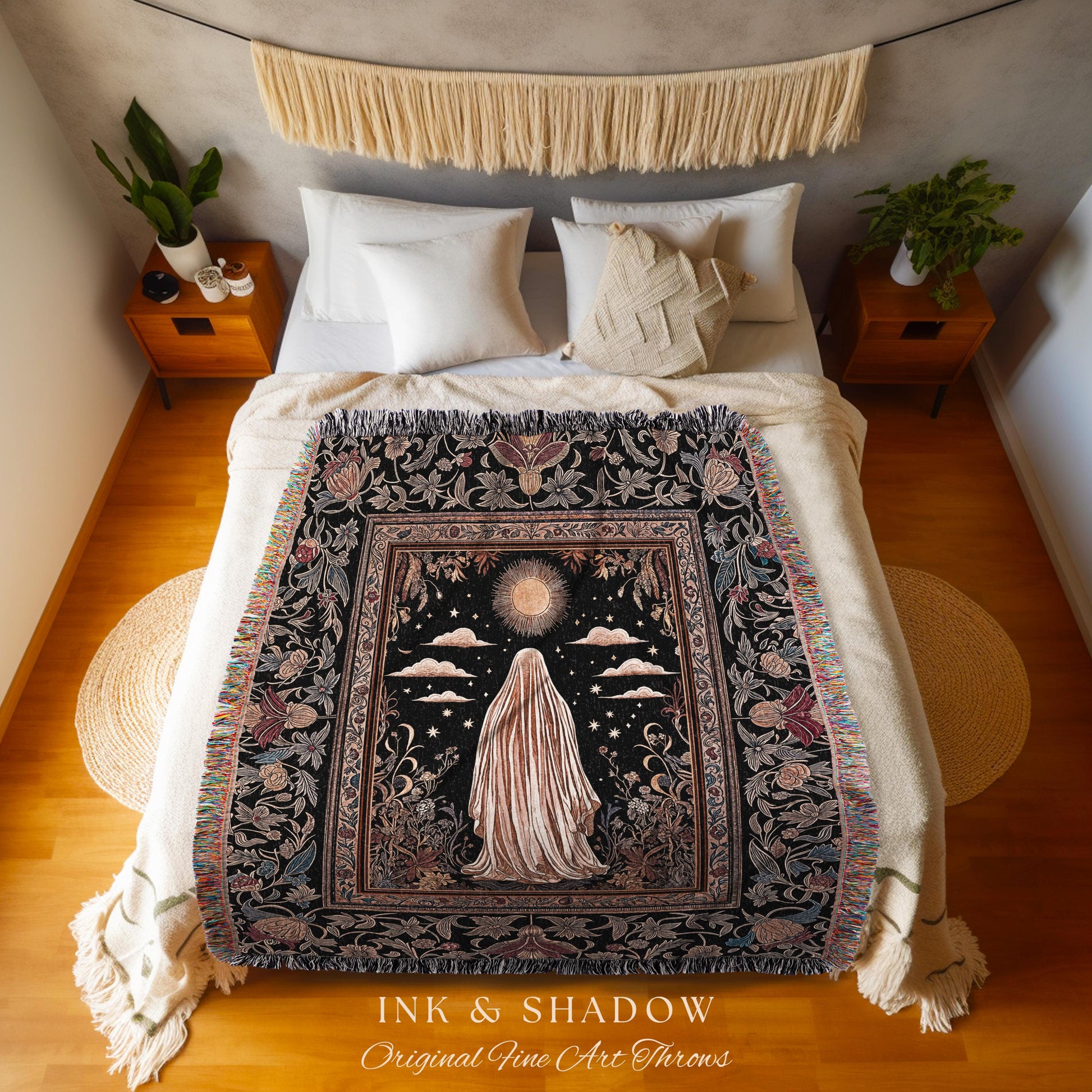 Celestial Garden Spirit Woven Throw | Bohemian Halloween Whimsigothic Wall Tapestry Ghost Blanket Ornate Gothic Rustic Halloween Home Decor