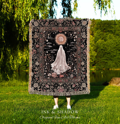 Ethereal Rose Garden Ghost Blanket | Pastel Floral Woven Tapestry Halloween Throw Cottagecore Whimsigoth Romantic Goth Decor Celestial Witch