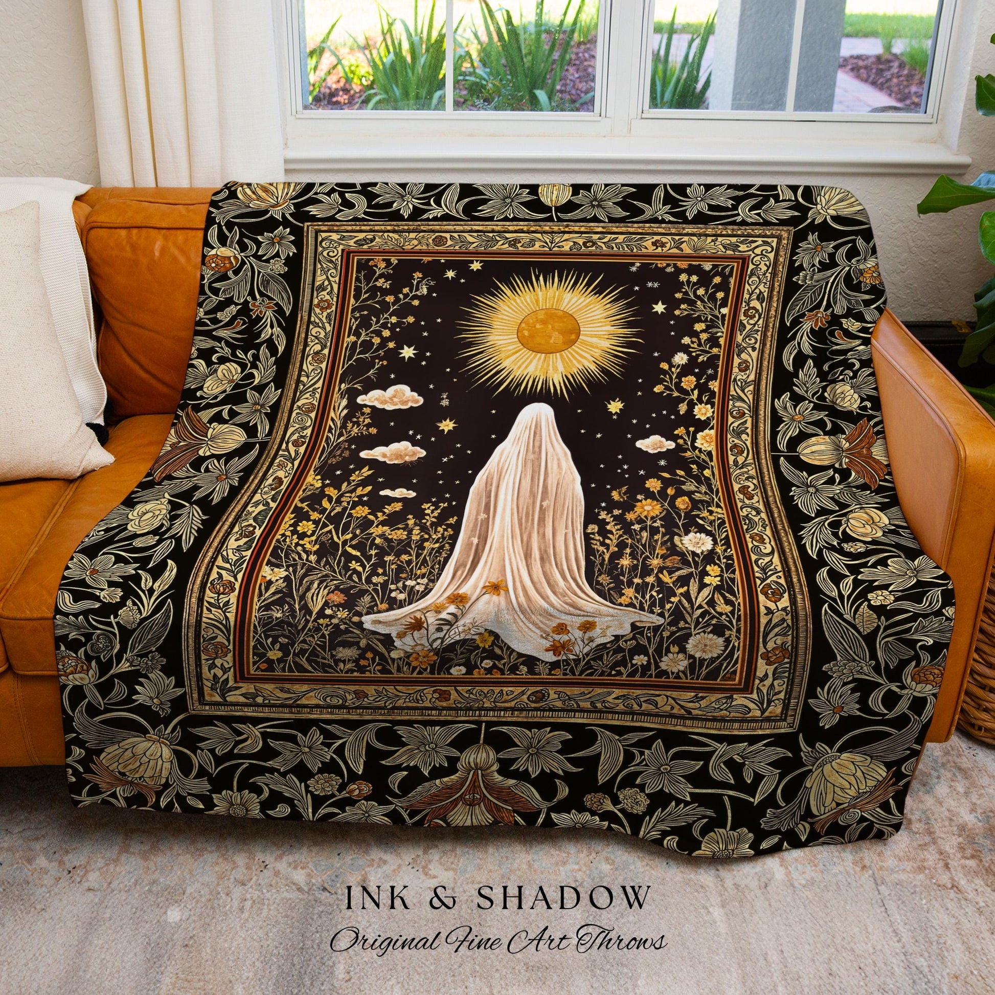 Golden Hour Mystic Ghost Blanket | Autumn Floral Tapestry Woven Throw Halloween Decor Whimsigoth Cottagecore Spirit Home Accent Witchy Theme