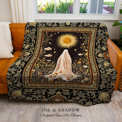 Golden Hour Mystic Ghost Blanket | Autumn Floral Tapestry Woven Throw Halloween Decor Whimsigoth Cottagecore Spirit Home Accent Witchy Theme