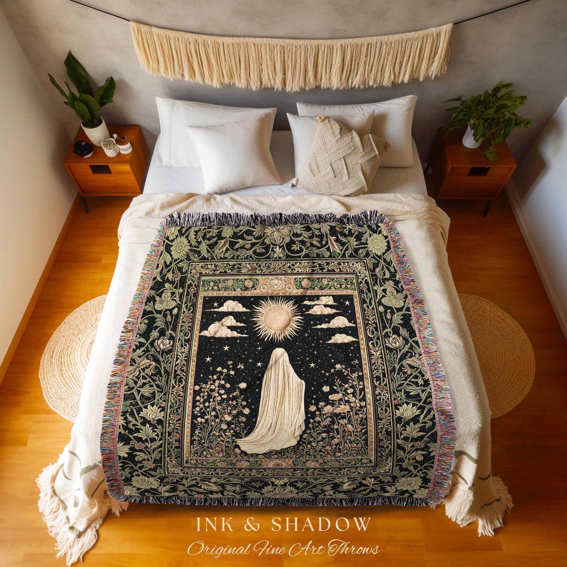 Whimsical Sky Spirit Blanket | Woven Tapestry Ghost Throw Halloween Floral Decor Cottagecore Whimsigoth Accent Botanical Dark Academia Style