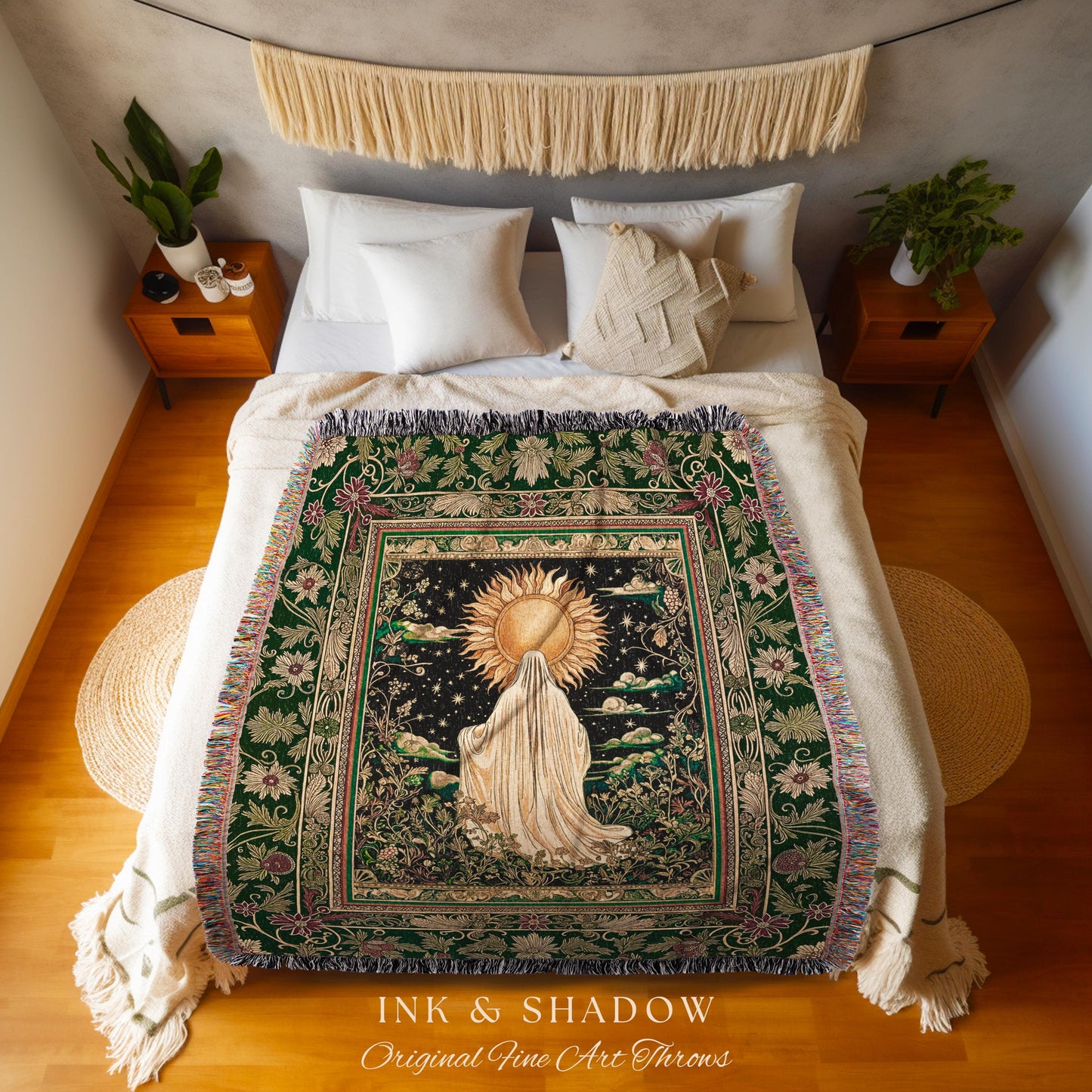 Botanical Meadow Ghost Blanket | Baroque Floral Cottagecore Woven Throw Halloween Tapestry Whimsigoth Decor Gothic Accent Tarot Aesthetic |